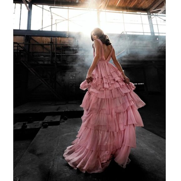 MAC DUGGAL Tiered Ruffle Chiffon High/Low Gown in Rose Pink Size US 2 - Picture 1 of 15